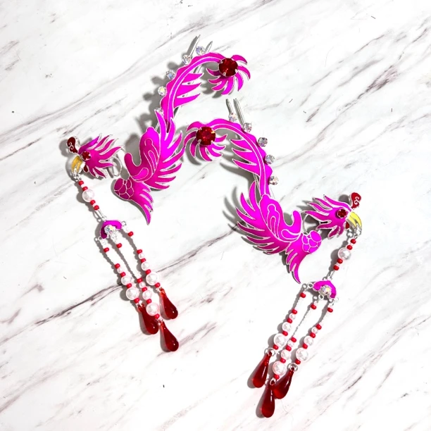 新款点稠玫红色单尾偏凤越剧黄梅戏花旦小姐娘娘公主百搭头饰京剧