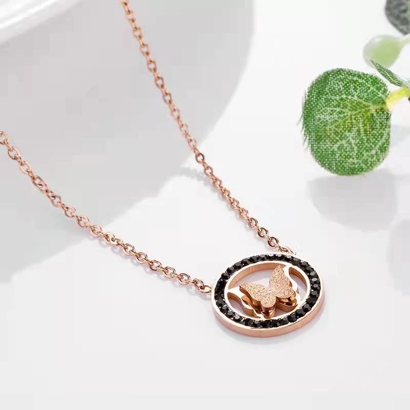 钛钢项链 A 新时尚蝴蝶黑色亮晶晶圆环玫瑰金色项链82827