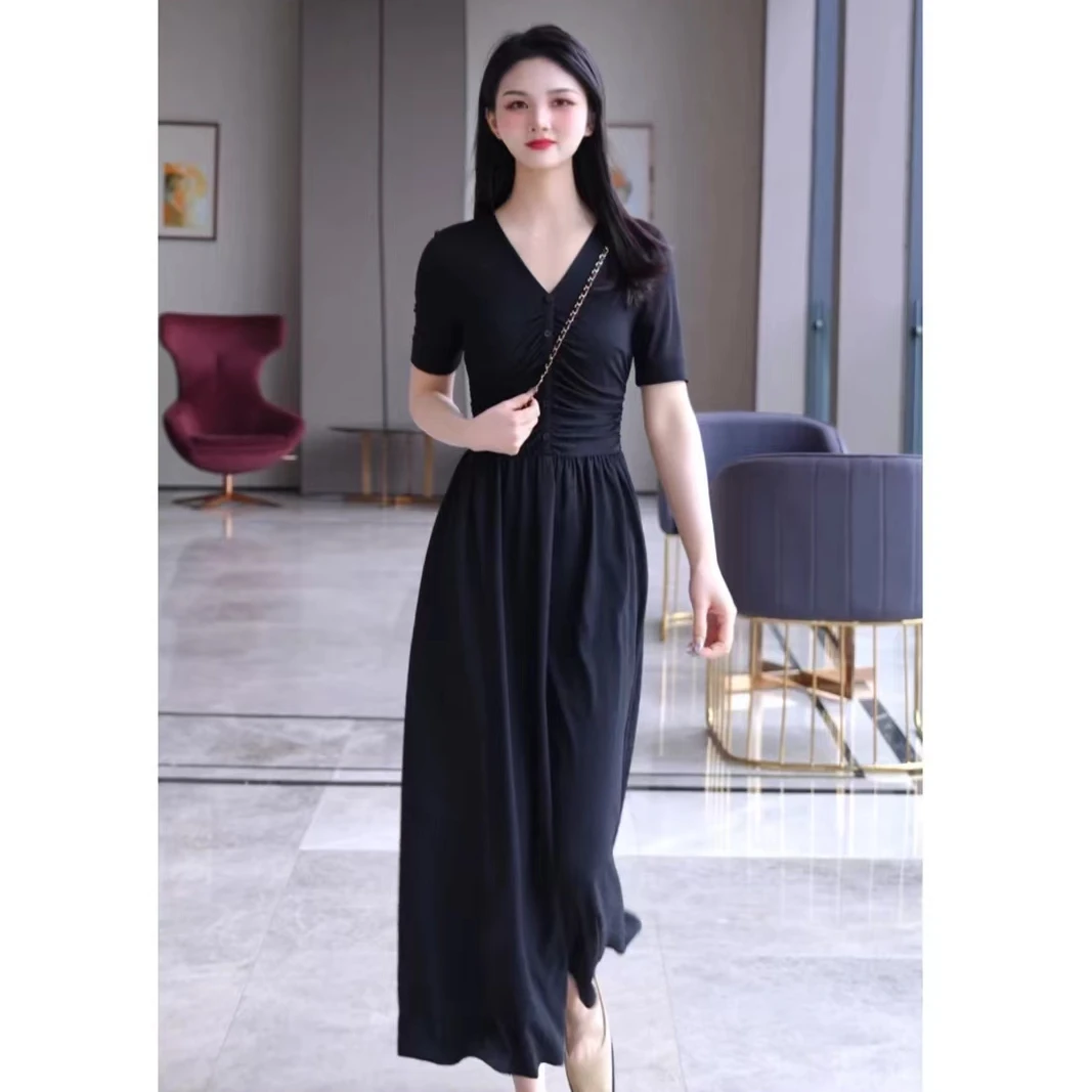 GIRDEAR/哥弟气质时尚高级感女装V领丝网拼接洋装小黑裙1500517