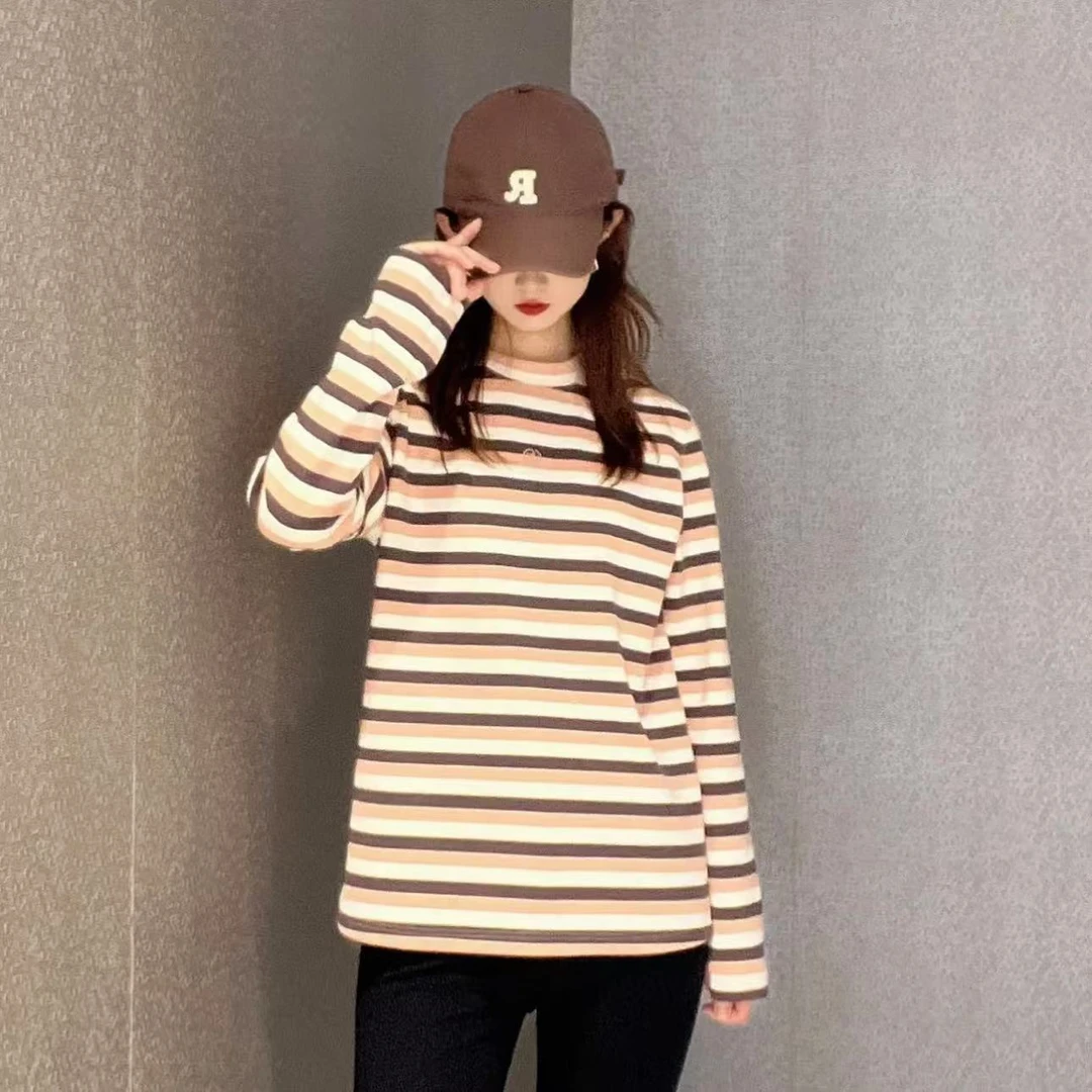 GIRDEAR哥弟品质女装T恤条纹显瘦美式长袖秋冬圆领简约1300866