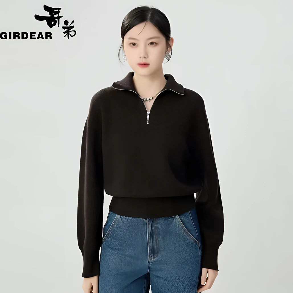 GIRDEAR/哥弟新款绵羊毛短款时尚百搭长袖翻领拉链针织衫1399749
