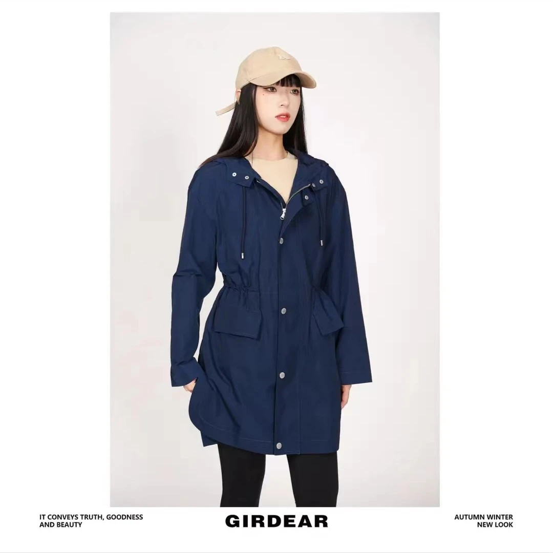 GIRDEAR/哥弟简约百搭显瘦抽绳连帽长袖造型款风衣外套1400719