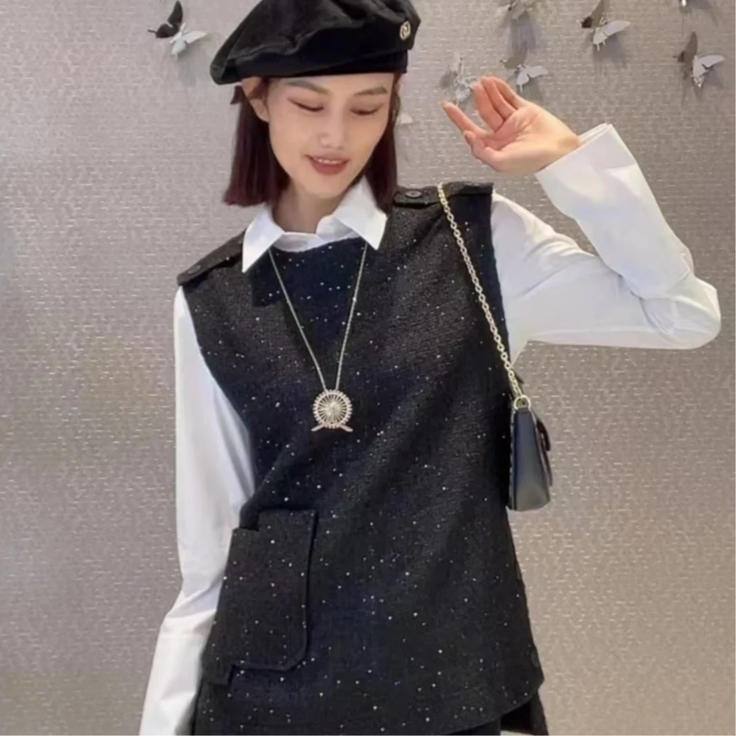 哥弟新款女装百搭小香风前短后长设计感造型圆领马甲背心1300860