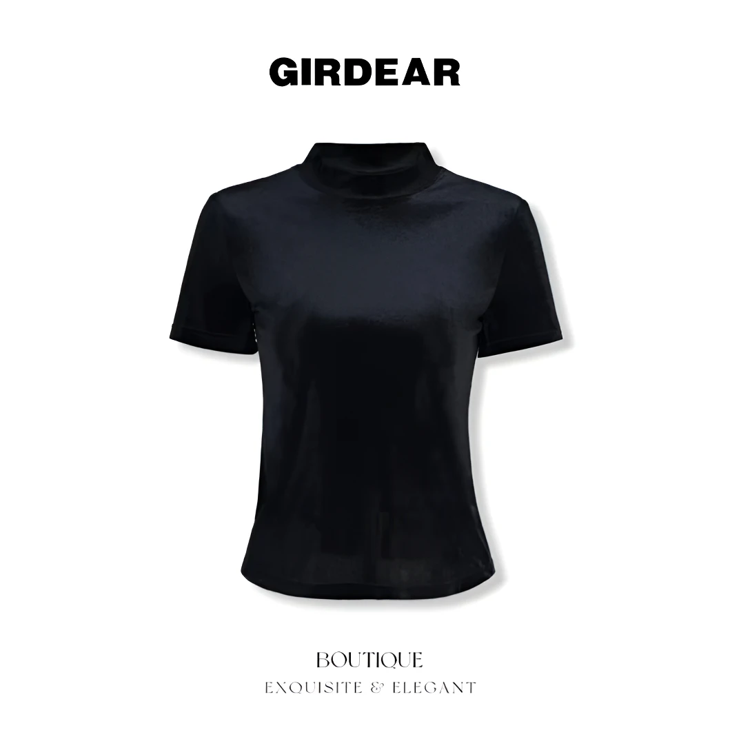 GIRDEAR/哥弟夏季烟管领气质显瘦修身百搭丝绒短袖T恤女1300606