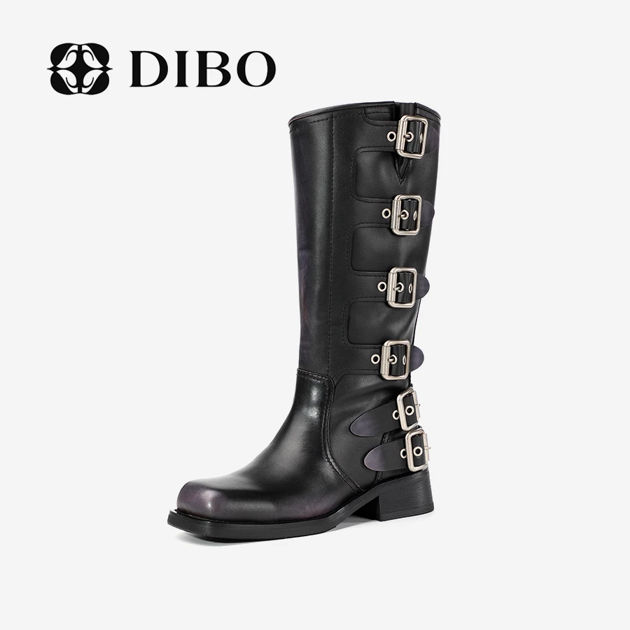 DIBO碲铂时尚新款真皮方头长筒侧拉链金属搭扣平跟时装靴234A7191