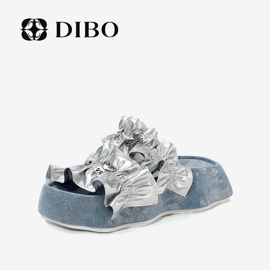 DIBO碲铂时尚外穿拖鞋复古花边蝴蝶结舒适百搭厚底一字拖242C2532