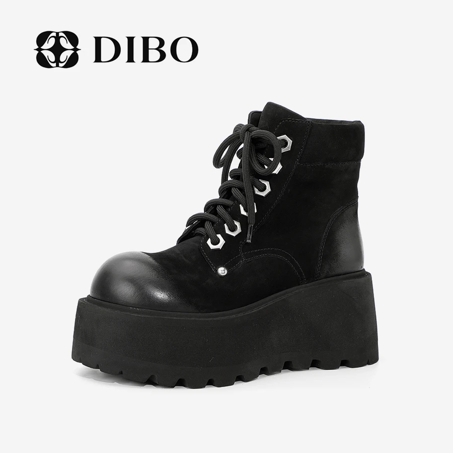 DIBO碲铂 时尚新款黑色厚底增高系带马丁靴螺丝钉扣短靴24423111