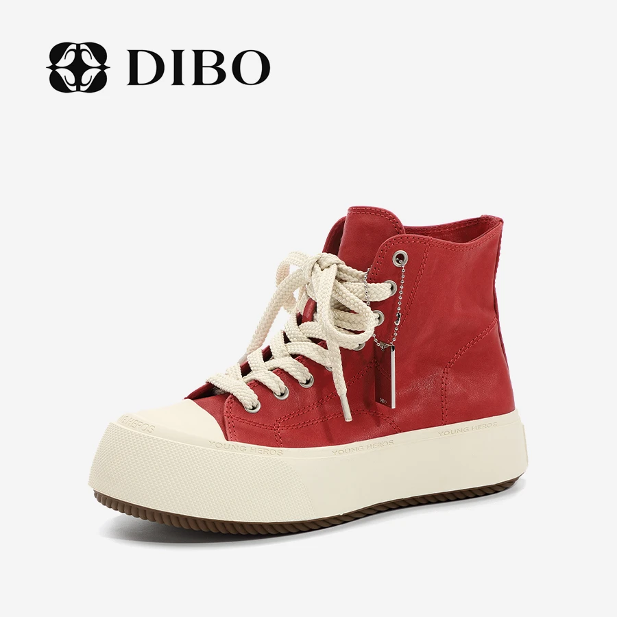 DIBO碲铂 新款真皮时尚复古纯色休闲鞋厚底高帮系带女鞋243A2520
