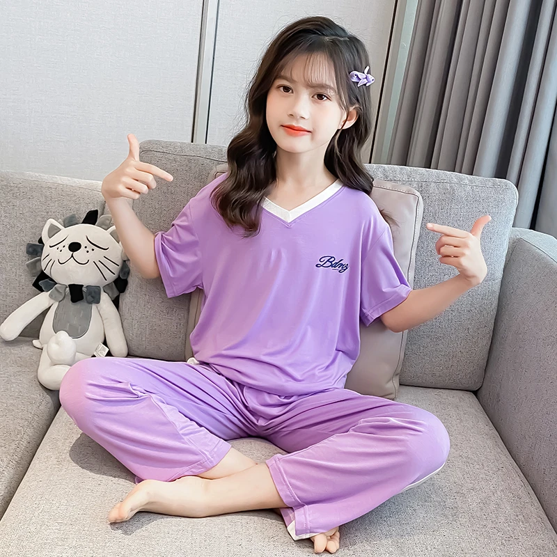 女童夏季家居服儿童莫代尔睡衣中大童冰丝短袖长裤套装男孩空调服