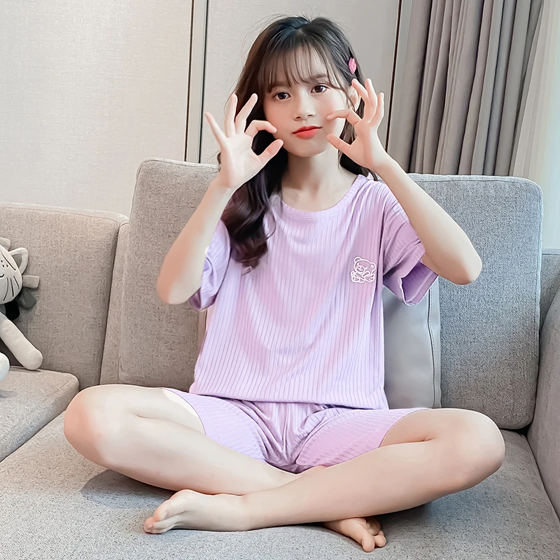 女童睡衣夏季冰丝莫代尔家居服儿童短袖短裤女孩夏装大童夏天套装