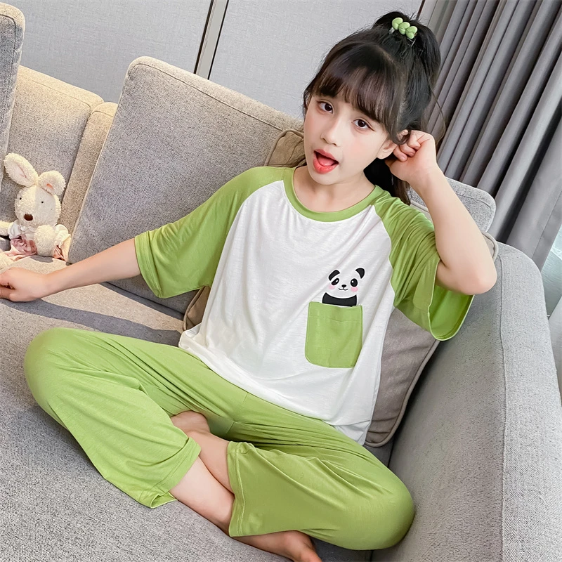 女童夏季睡衣冰丝莫代尔空调服儿童薄款短袖长裤套装中大童家居服