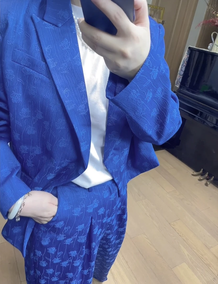 蓝色提花套装西装韩版小西装休闲气质