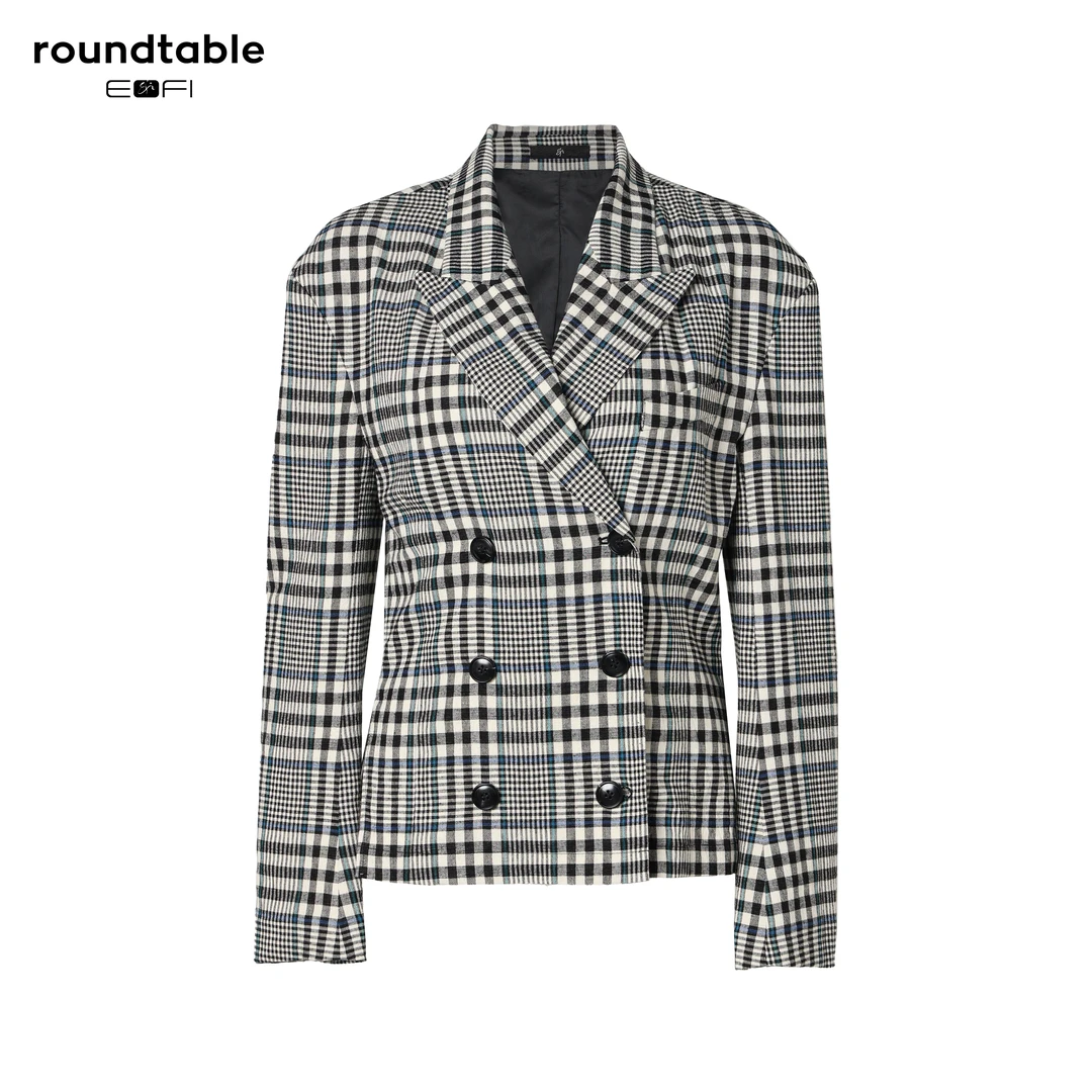 港风收腰气质千鸟格小香风外套设计师双排扣西装外套 FES4805445