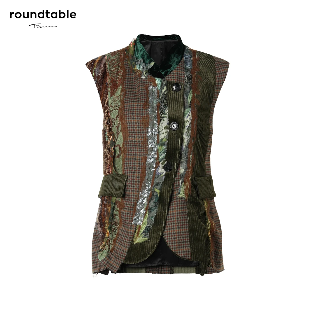 春秋时尚休闲复古做旧中式马甲提花刺绣拼接立领个性女士无袖马甲