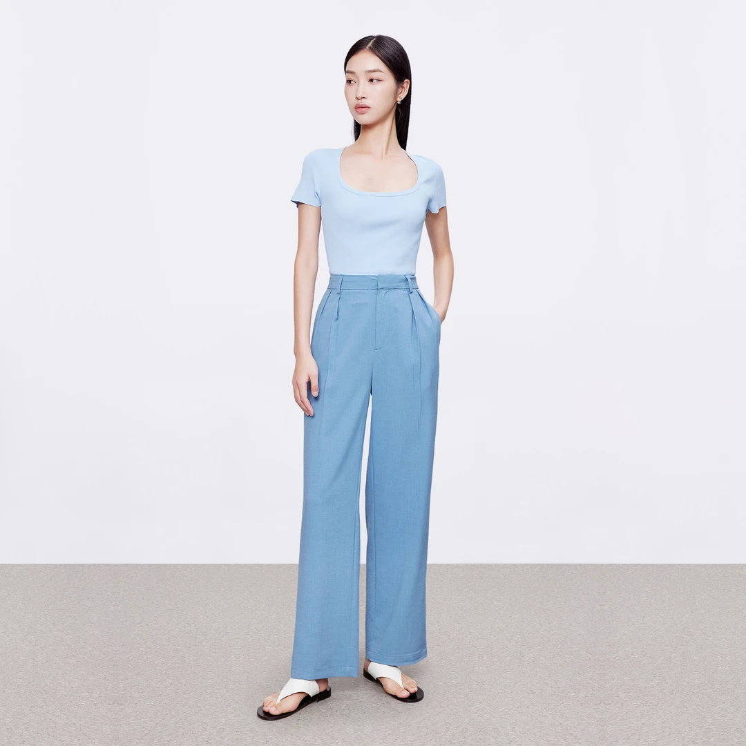 EGX夏季新品女装高级时髦飘逸垂坠感西装裤时尚休闲高腰直筒裤子