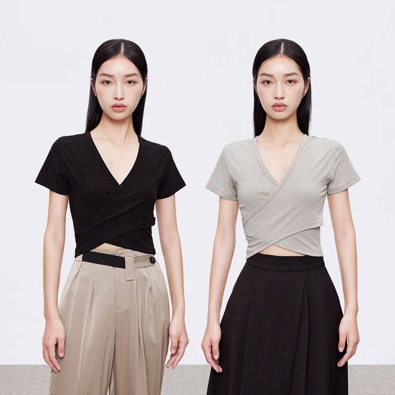 EGX心机显瘦小众设计感纯色V领圆领两穿交叉绑带针织上衣短袖女夏