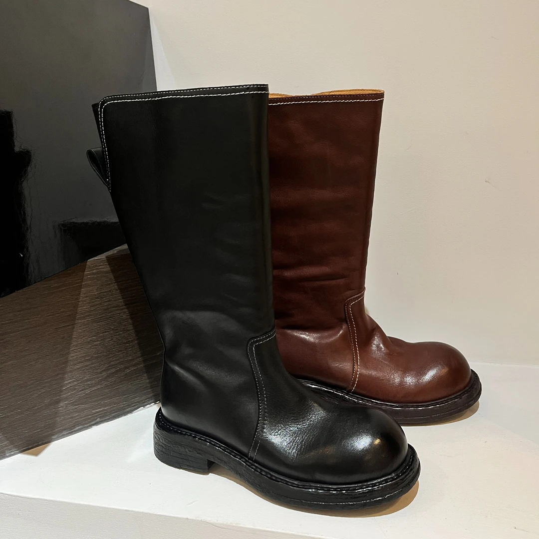 锡林高乐秋季新款 双层牛皮 中筒靴子 欧美风韩风厚底高筒靴