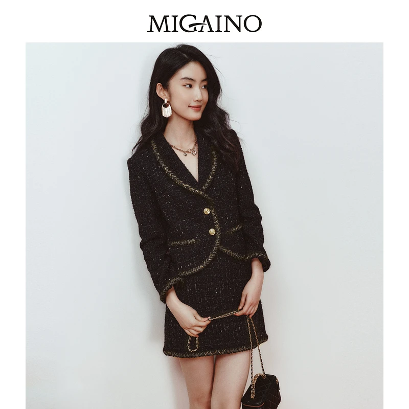 Migaino曼娅奴女装秋冬新款名媛气质高级感小个子黑色小香风外套
