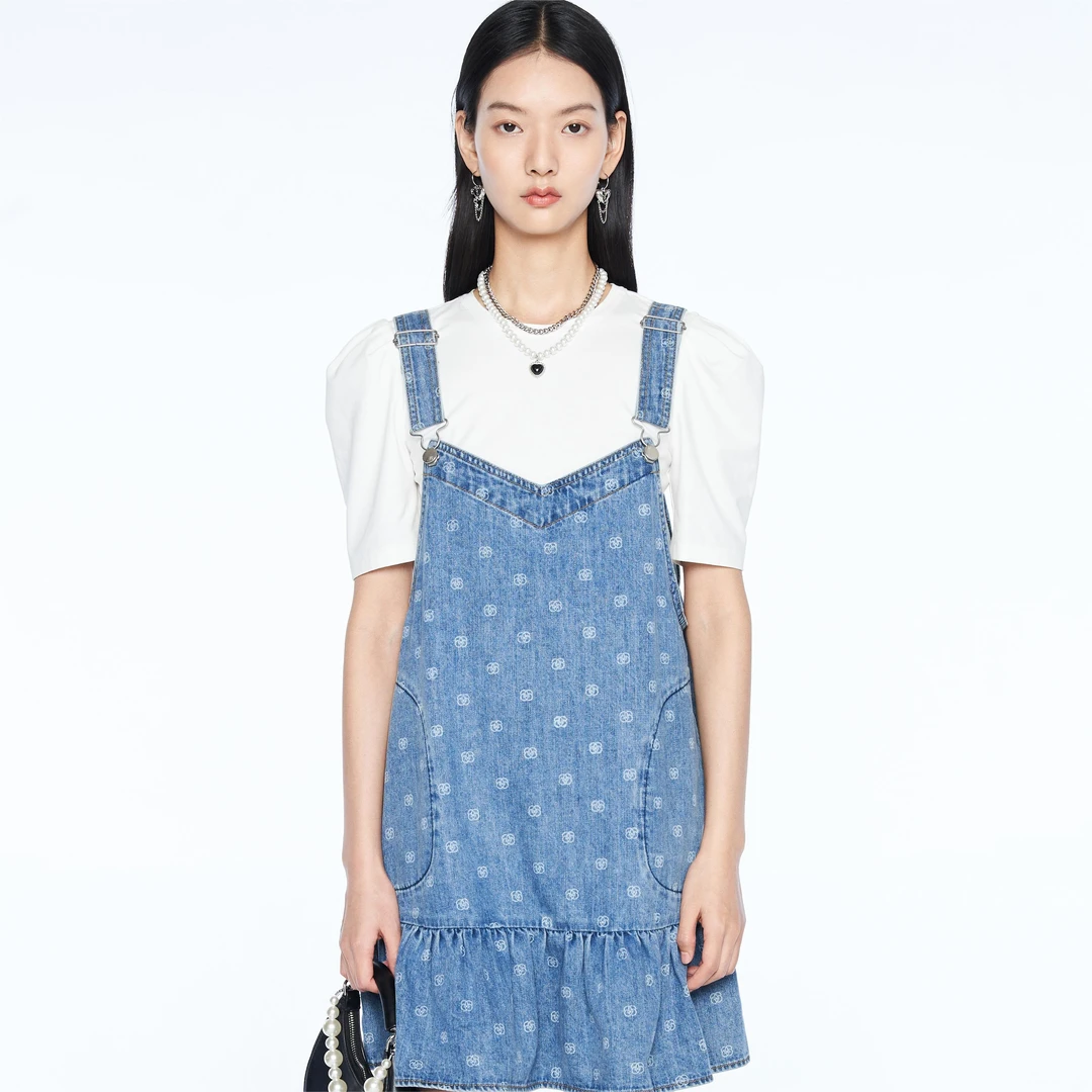 Migaino曼娅奴两件套裙子女春新款洋气甜美牛仔背带连衣裙