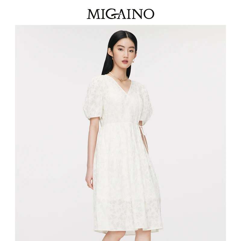 Migaino曼娅奴V领连衣裙女夏季新款收腰显瘦中长款蕾丝裙