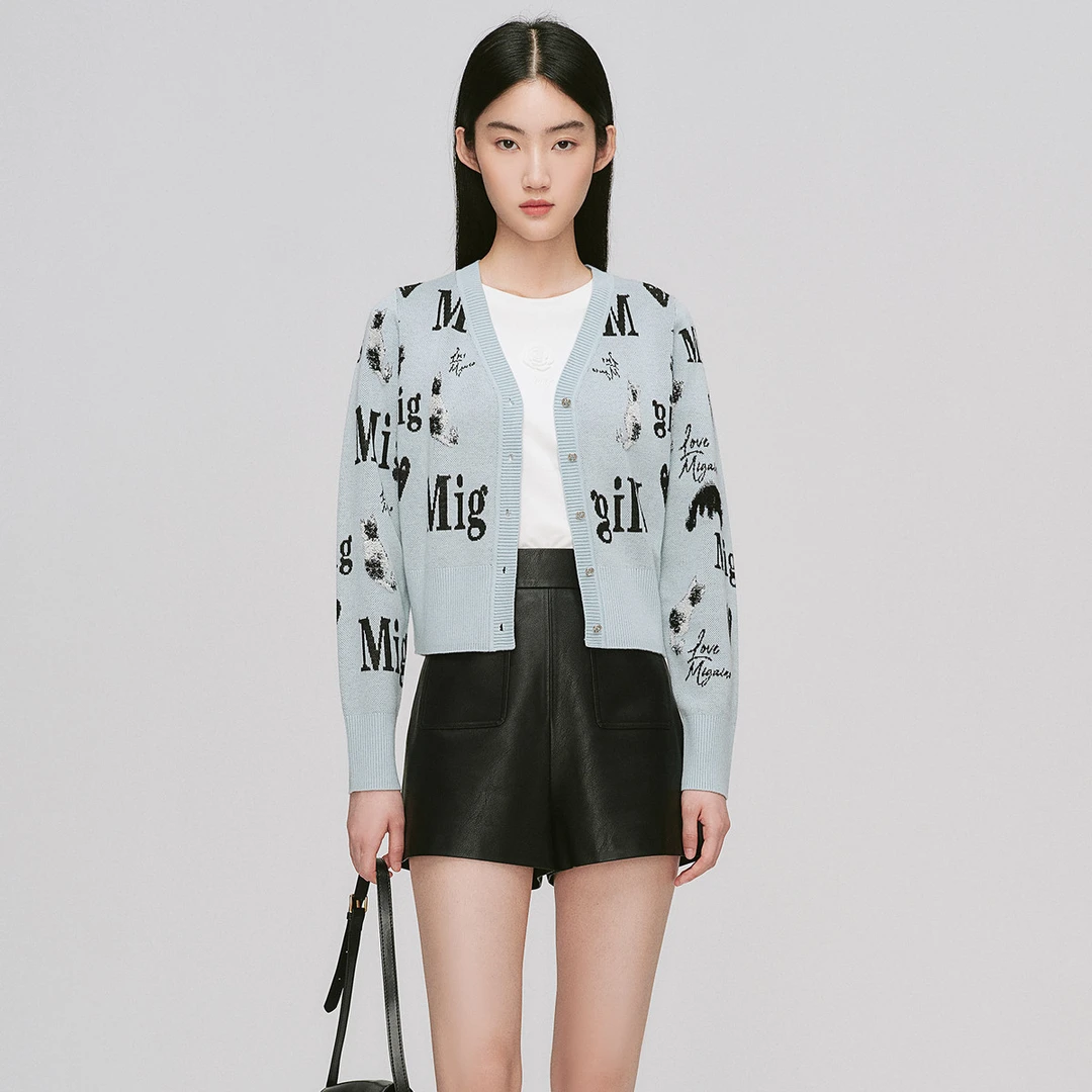 Migaino/曼娅奴设计感针织开衫女秋冬复古百搭减龄V领提花外套