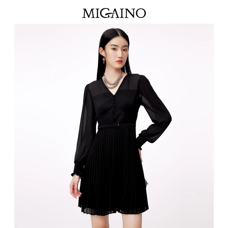 Migaino/曼娅奴新中式连衣裙女新款气质新红百褶小礼服裙收腰裙