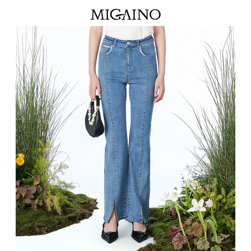 曼娅奴高腰牛仔裤女年夏季显瘦百搭微喇开叉裤子