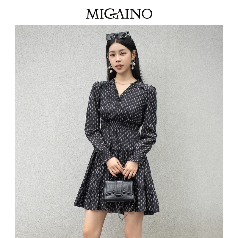 【曼娅奴】女装秋季设计感复古高腰打揽显瘦印花裙