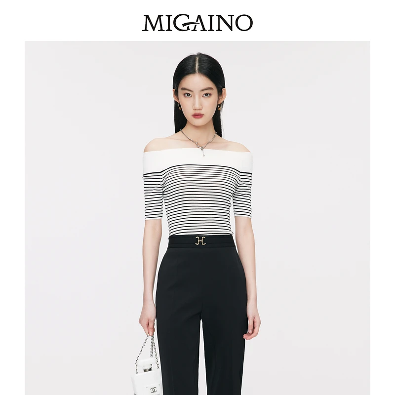 Migaino曼娅奴套头针织衫女春夏新款气质露肩性感条纹上衣