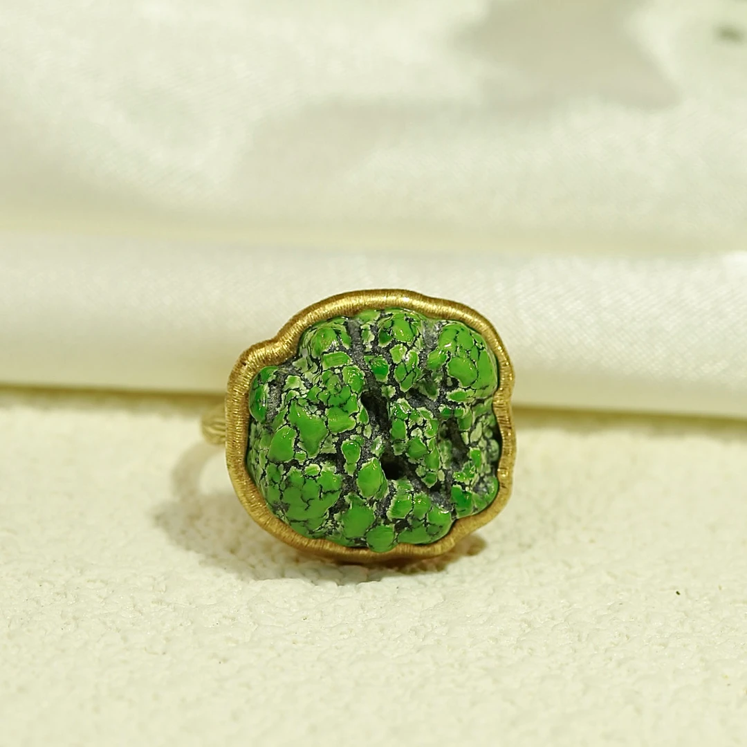 湖北原矿绿松石时尚百搭随行戒指复古气质绿色设计师古风简约