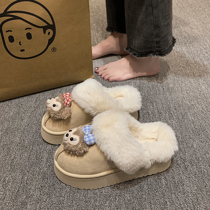 卡通雪莉玫棉拖鞋女冬季百搭毛毛拖鞋外穿休闲可爱达菲熊包头拖鞋