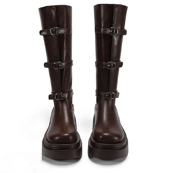 复古棕色美拉德厚底长筒靴女2024新款秋冬增高显瘦英伦风骑士靴子
