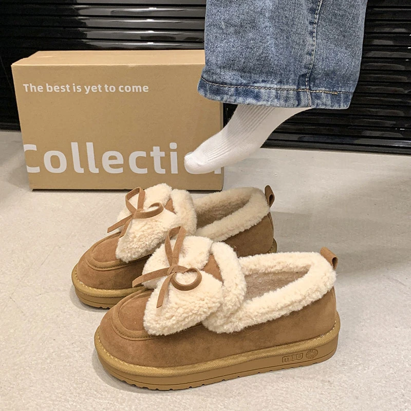 2024秋冬加绒保暖外穿棉鞋毛毛鞋女厚底复古新款舒适软底豆豆鞋