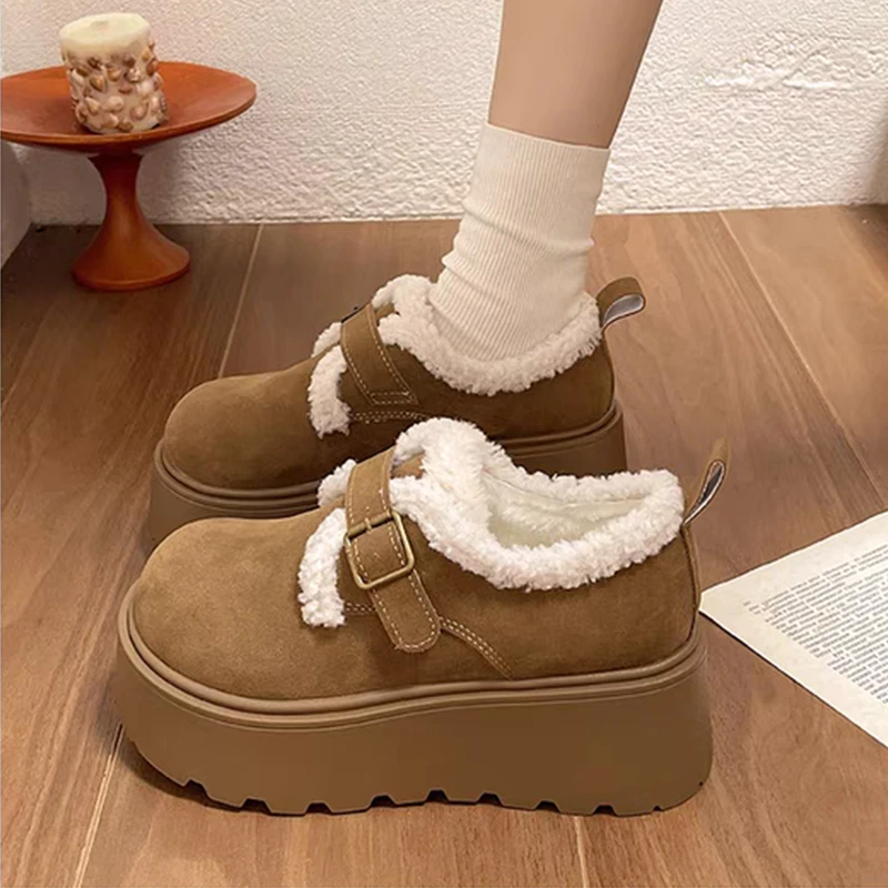 加绒松糕增高一脚蹬大头丑萌勃肯棉2024冬新款厚底保暖雪地靴女潮
