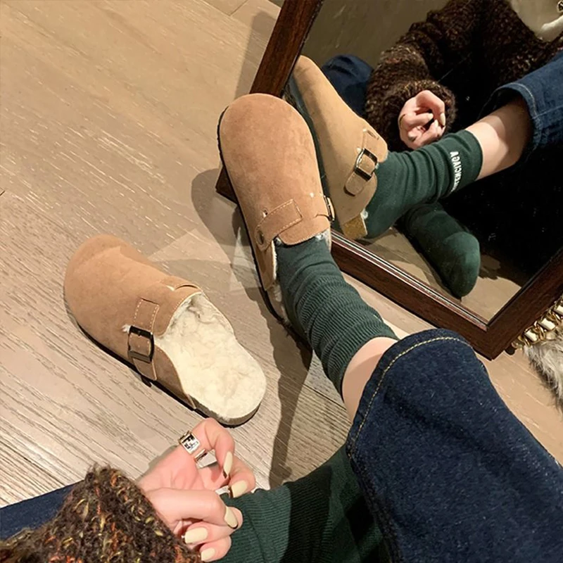 勃肯鞋加绒毛毛拖鞋女外穿秋冬包头半拖厚底钓鱼博肯鞋子三喜同款