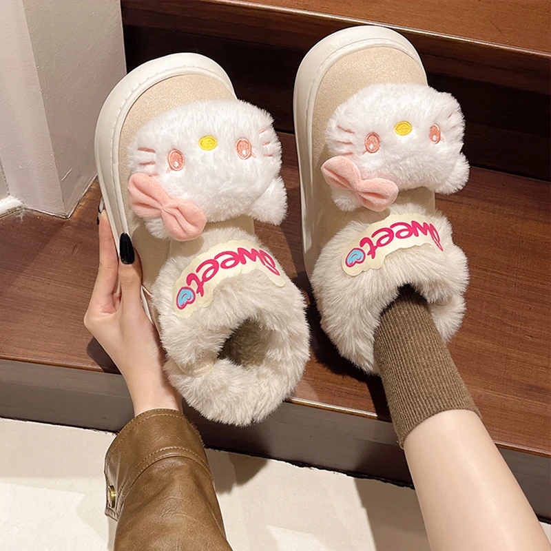 可爱凯蒂猫防滑舒适保暖增高雪地靴女2024秋冬季新款毛绒东北棉鞋