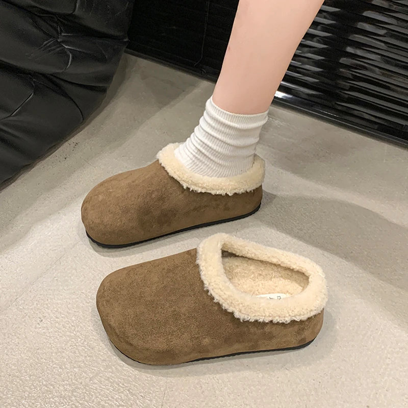 厚底内增高加绒勃肯鞋女包头半拖外穿2024秋冬季新款雪地靴棉拖鞋