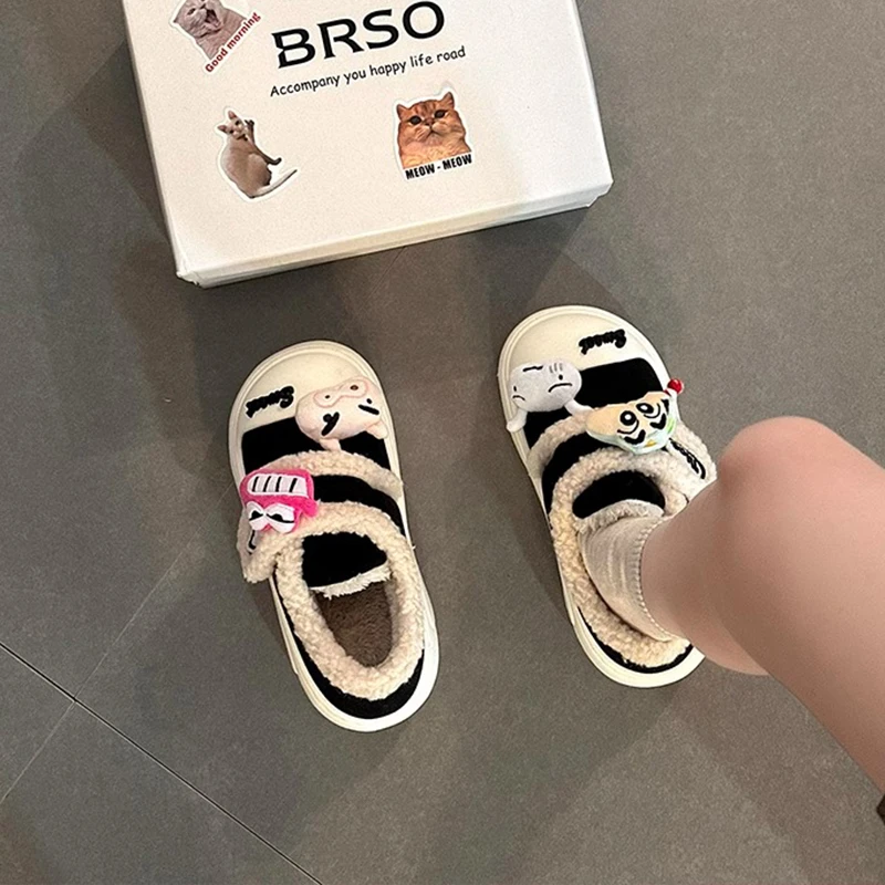 可爱卡通魔术贴棉鞋女2024年冬季新款加绒加厚保暖舒适懒人雪地鞋