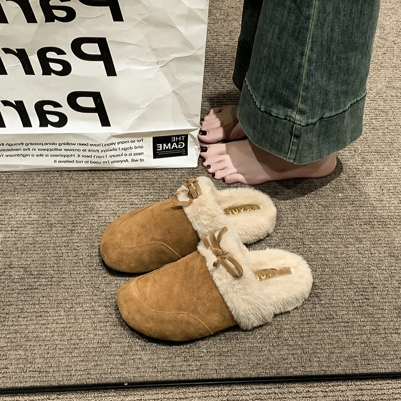 复古勃肯鞋女外穿2024新款秋冬加绒懒人毛毛拖鞋厚底包头保暖棉拖