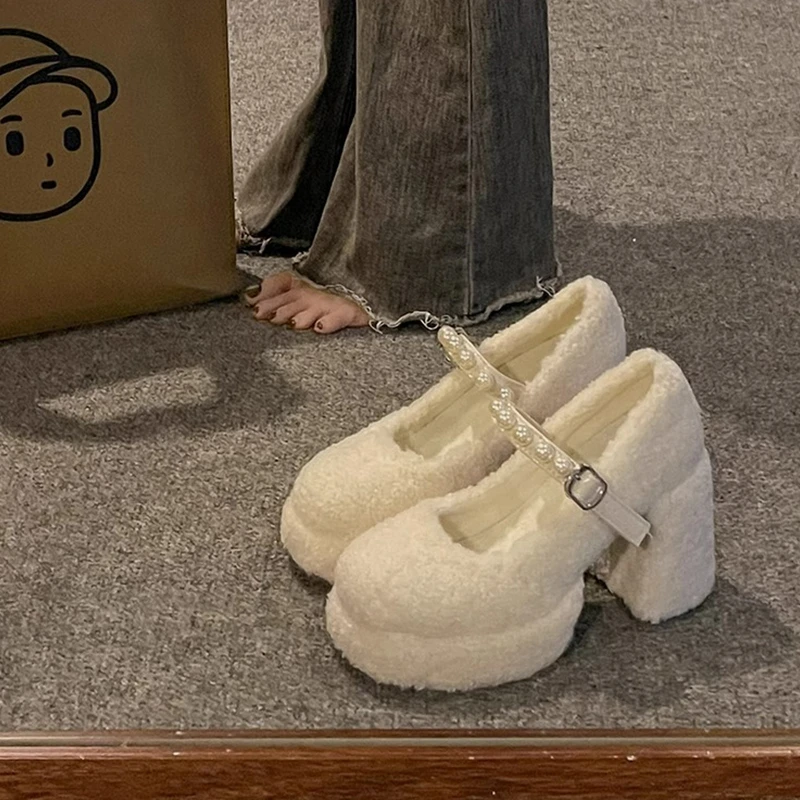 法式复古珍珠加绒高跟鞋女2024秋冬新款粗跟配裙子玛丽珍毛毛单鞋