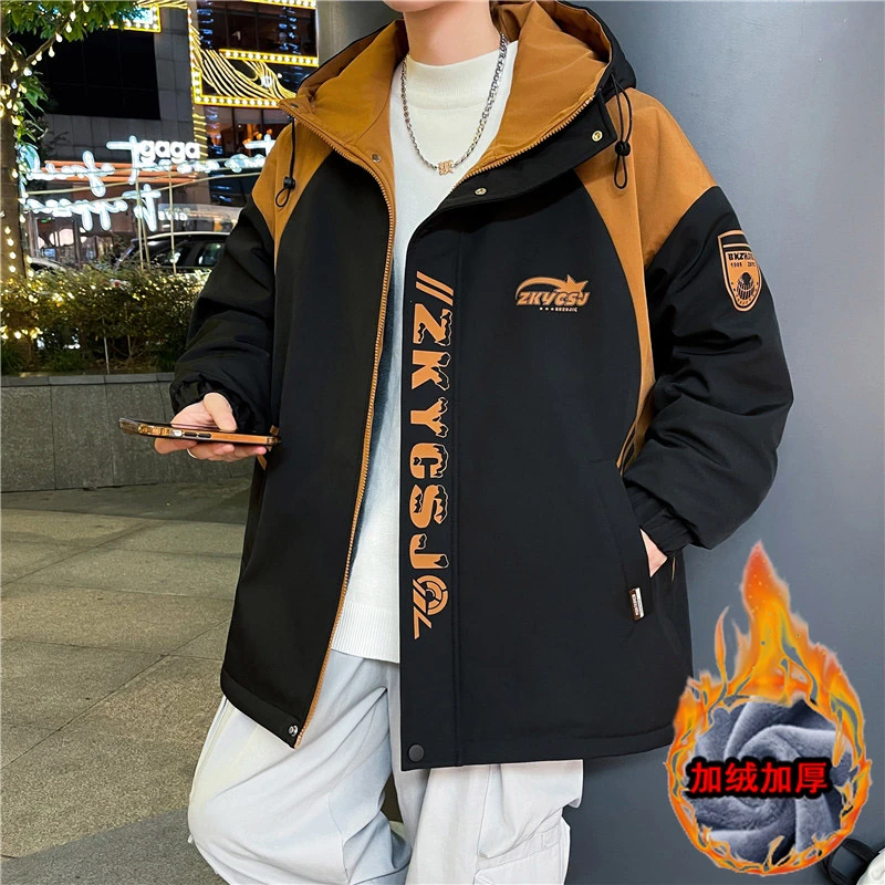 冬季男孩加绒外套连帽ins宽松加厚棉夹克青少年学生港风小棉衣男