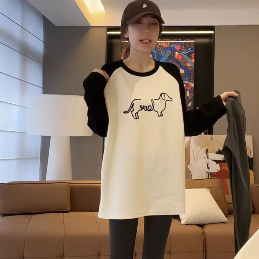 徐靖靖【小狗插肩袖】2410085秋冬季舒适长款插肩撞色宽松打底衫