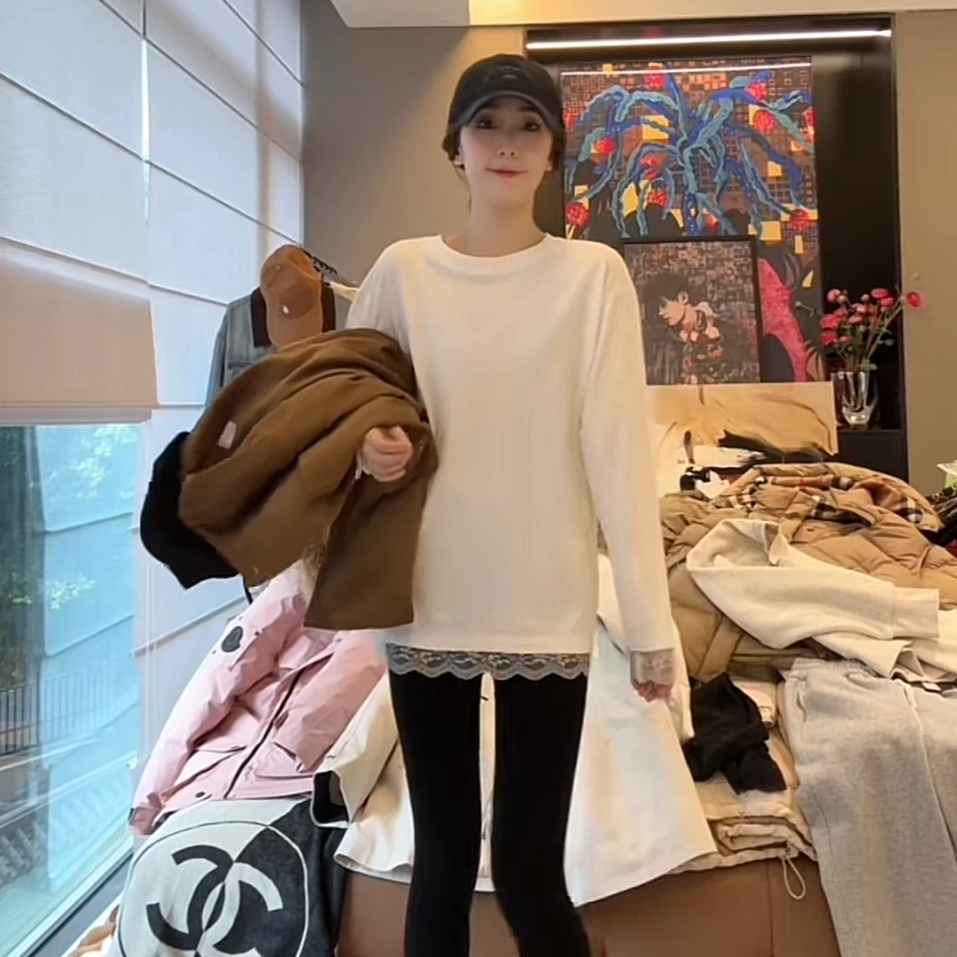 徐靖靖【蕾丝打底】2411105长袖气质网红时尚百搭镂空宽松洋气韩版