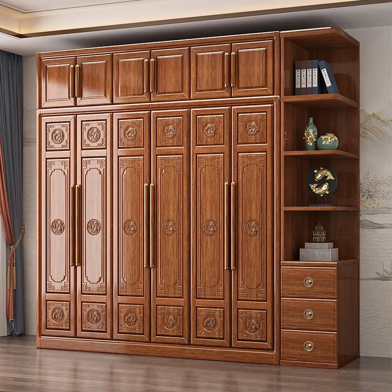 新中式工厂家用衣橱简约大容量储物雕花多门带抽实木经济型衣柜