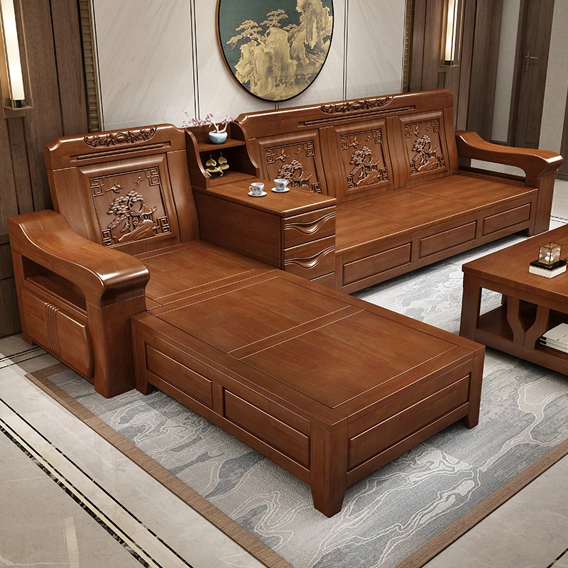 佛山实木沙发组合客厅小户型现代新中式实木储物贵妃榻沙发整装