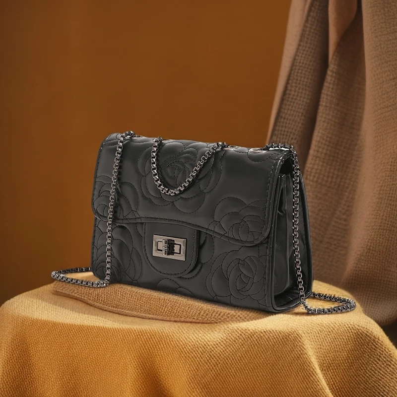 山茶花绣线链条包2024新款高级感百搭单肩斜挎包通勤8025黑