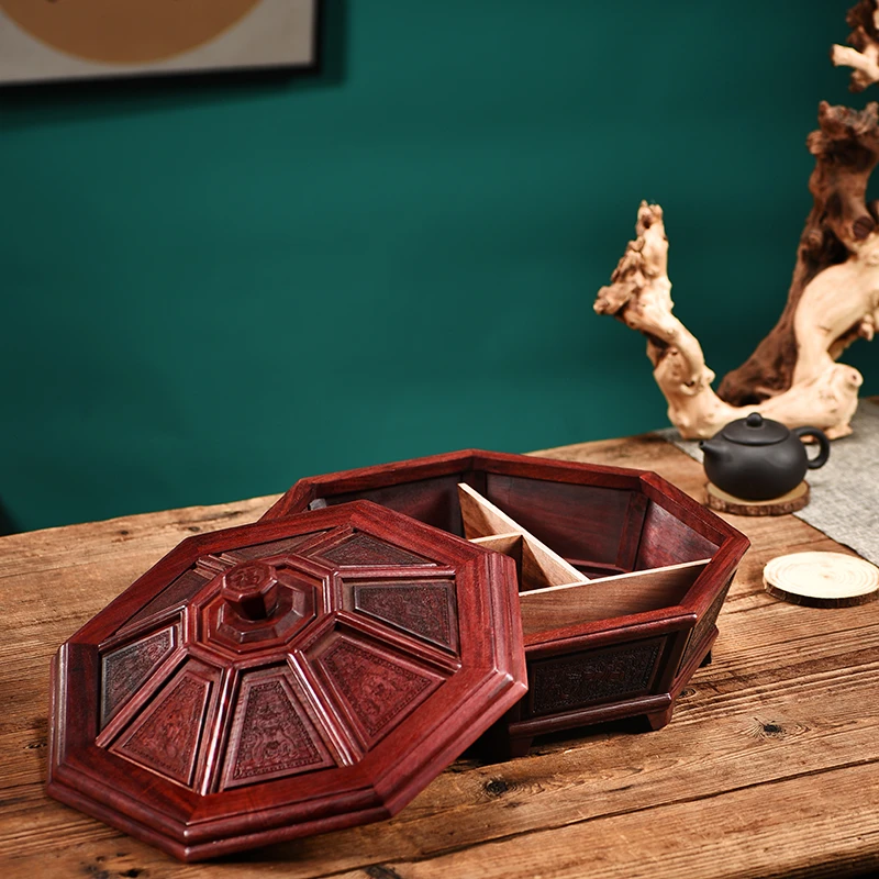 非洲小叶紫檀雕花八角五格果盒