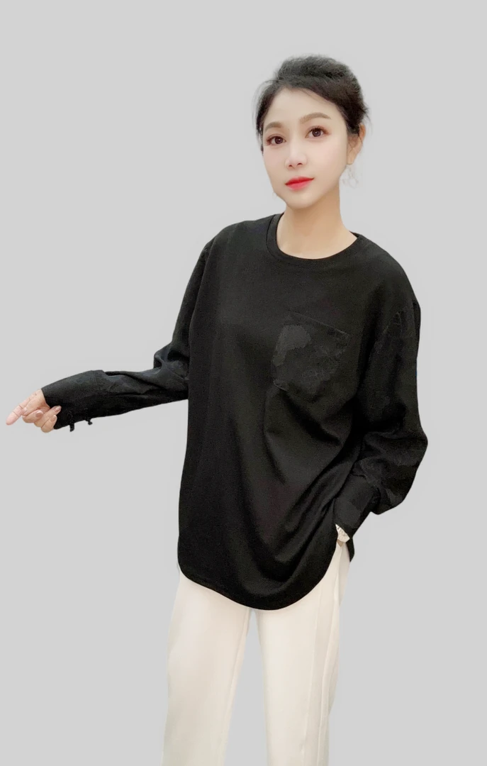 春款国风圆领T恤宽松新款拼接套头洋气夏季中长款遮肚子上档次女