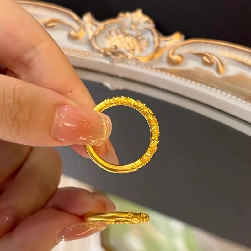 铜合金戒指 雕花素圈戒指女 新中式小众设计紫荆花指环时尚百搭女