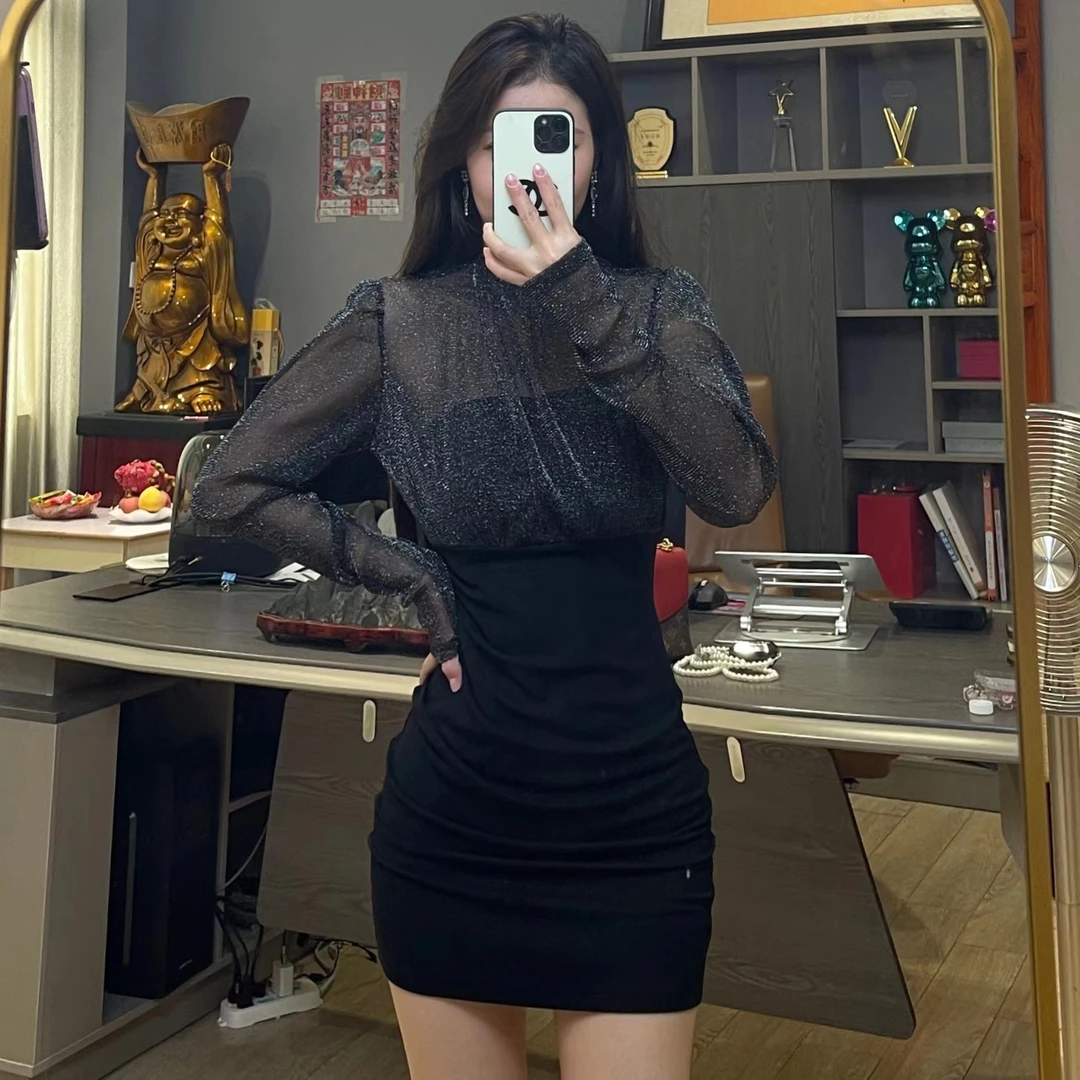 新秋赫本风性感气质连衣裙亮丝微透高级感显瘦拼接假两件裙【0123】